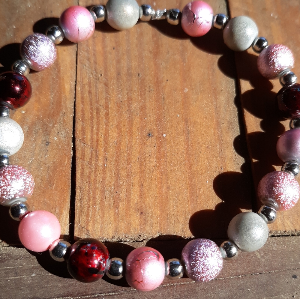 Pink, silver and purple stackable stretch bracelet